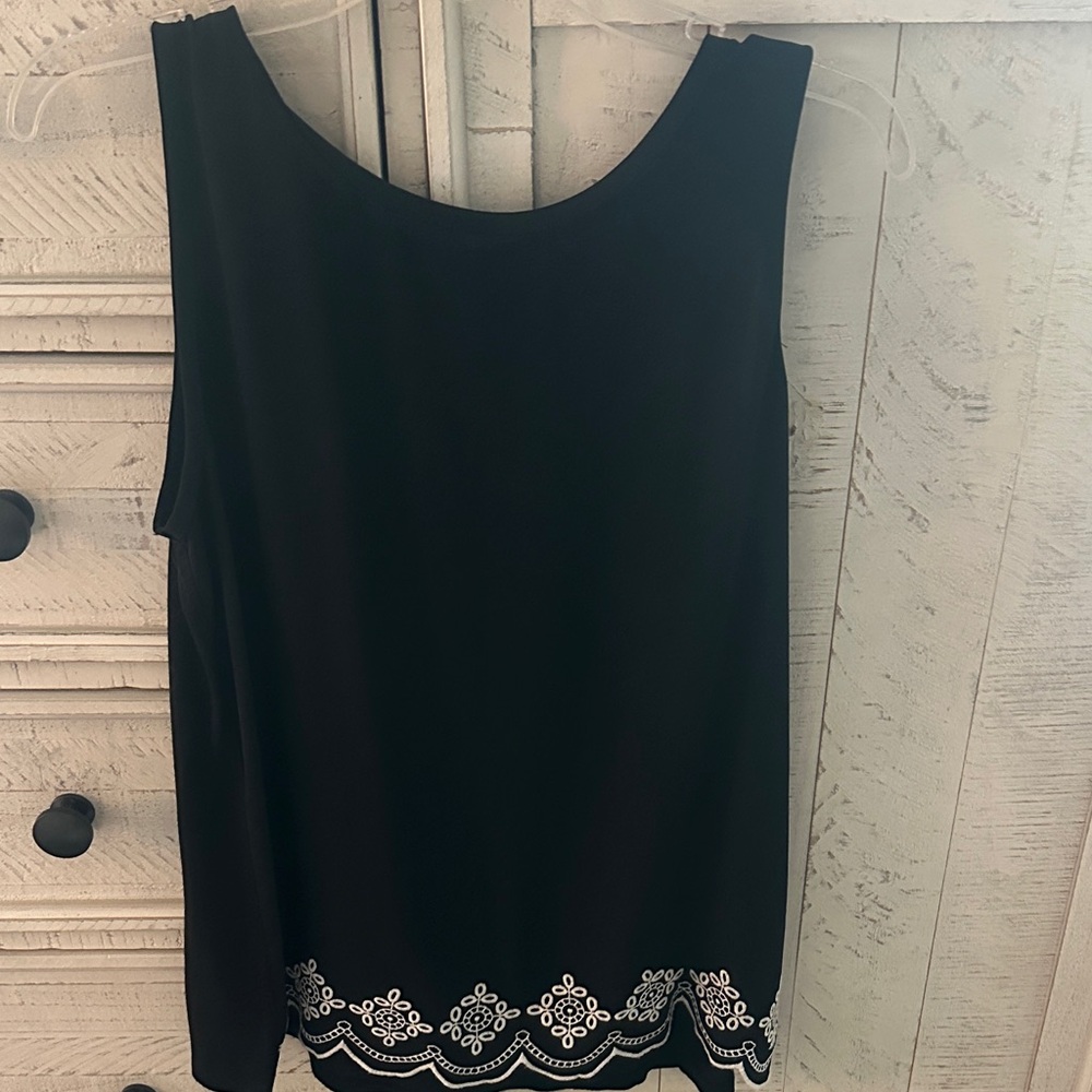 LOFT Black Top with White Embroidery